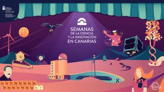 Cartel Semanas de la Ciencia 2024 Grande Cartel que muestra varios objetos científicos y tecnológicos, como satélites, telescopios, moléculas de ADN y la tabla periódica sobre un paisaje volcánico