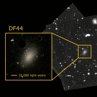 Image and amplification (in colour) of the ultra-diffuse galaxy Dragonfly 44 taken with the Hubble space telescope. Many of the dots on the galaxy are the globular clusters studied in this article to explore the distribution of dark matter. The galaxy is so diffuse that other galaxies can be seen behind it. Credit: Teymoor Saifollahi and NASA/HST.