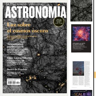 Portada de la revista Astronomía, septiembre de 2026, dedicada a UNDARK, páginas del artículo y fotografía del periodista científico Thomas Villa.