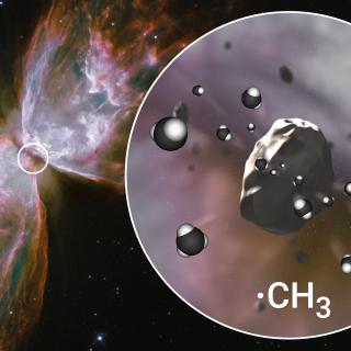 Artist's impression of the erosion of hydrogenated amorphous carbon grains in the dusty torus of a young carbon-rich planetary nebula, releasing methyl radicals (CH3) into the gas phase