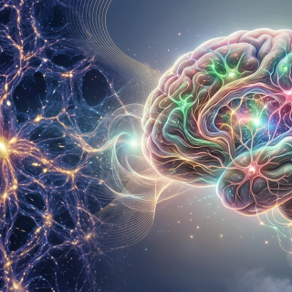 Esta imagen ilustra la sorprendente similitud estructural entre la red cósmica del universo (filamentos de galaxias) y la red neuronal del cerebro humano, sugiriendo una organización universal de sistemas complejos a diferentes escalas