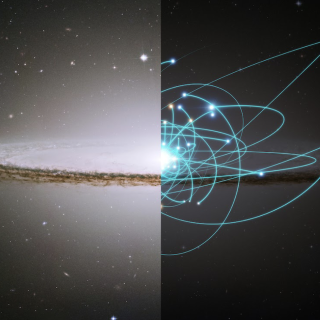 Ilustración artística que combina una imagen real de una galaxia con la representación de las órbitas estelares en su interior, para mostrar cómo el estudio de los movimientos de las estrellas permite reconstruir la historia de las galaxias