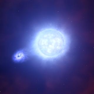 Recreación artística de un sistema binario en el que una estrella compacta roba materia de su compañera. Crédito: ESO/L. Calçada