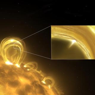 An artistic impression of a nanojet ejection triggered by the interaction of two magnetic flux ropes within a coronal loop in the Sun’s atmosphere. 