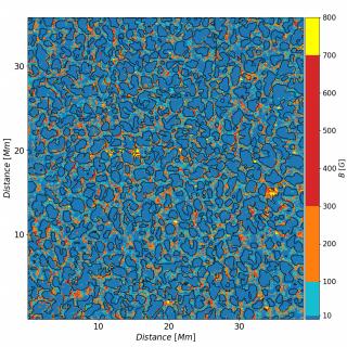 Campo magnético promedio inferido de las observaciones. Los contornos negros indican la frontera entre gránulos en intergránulos (intensidad del continuo Ic=1.0). La intensidad de campo magnético ha sido saturada a 800 G para una mejor visualización.