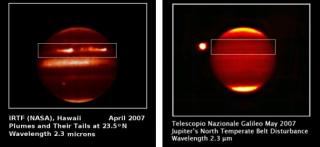 A la izquierda, imagen de Júpiter captada por la NASA desde Hawai en abril de 2007 donde se aprecian en la zona enmarcada las dos tormentas activas. Un mes después fue obtenida la imagen de la derecha desde el Telescopio Nazionale Galileo, en la isla de L 8039