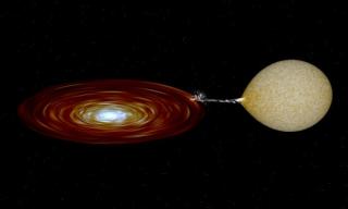 Representación de un sistema similar a XTE J1859+226. Se aprecia la estrella, el chorro de materia que va hacia el agujero negro y el disco que se forma en torno a éste. Fuente/Jesús Corral Santana (IAC). Software BinSim, desarrollado por Rob Hynes, de l 8145