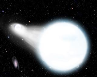 Pie de foto:Se han descubierto dos enanas blancas a punto de fusionarse. Será en unos 900.000 años, un corto espacio de tiempo en escalas astronómicas. Entonces, el material del que están compuestas comenzará a pasar de una a la otra (como muestra esta re 8157