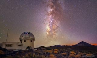 Night image of the Hertzsprung SONG Telescope located in Teide Observatory and the Milky Way in the background. This first telescope of the SONG network is a collaboration between the Aarhus University (Denmark), which leads the project, the University of Night image of the Hertzsprung SONG Telescope located in Teide Observatory and the Milky Way in the background. This first telescope of the SONG network is a collaboration between the Aarhus University (Denmark), which leads the project, the University of