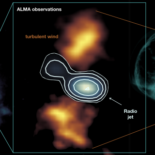 The compact radio jet in the center of the Teacup galaxy The compact radio jet in the center of the Teacup galaxy blows a lateral turbulent wind in the cold dense gas, as predicted by the simulations. Credit: HST/ ALMA/ VLA/ M. Meenakshi/ D. Mukherjee/ A. Audibert
