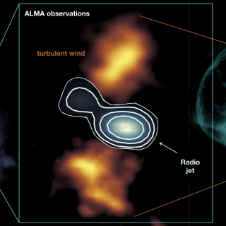 Un radio jet compacto en el centro de la galaxia Taza de Té produce un viento turbulento lateral en el gas frío, tal y como predicen las simulaciones. Crédito: HST/ ALMA/ VLA/ M. Meenakshi/ D. Mukherjee/ A. Audibert