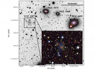 Región del cúmulo de Virgo donde se sitúa la galaxia ultra difusa VCC 1287. La imagen principal (en colores invertidos para mayor contraste) tiene unos 500 mil años luz de tamaño y fue obtenida por un telescopio aficionado de 10cm de diámetro desde Suiza 7845