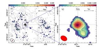 Dust continuum emission at 694 GHz (432 μm) mapped by ALMA in the CND of NGC 1068. The right panel shows a close-up of the dust continuum emission shown in left panel. Dust continuum emission at 694 GHz (432 μm) mapped by ALMA in the CND of NGC 1068. The right panel shows a close-up of the dust continuum emission shown in left panel.
