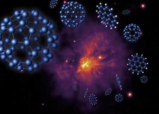 Artistic composition of the fullerenes and polycyclic aromatic hydrocarbons found in a R Corona Borealis star rich in hydrogen. The non-detection of these molecules in the vast majority of very hydrogen-poor R Coronae Borealis stars contradicts the terres