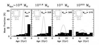 Variation of the star formation history with respect to dynamical mass (each panel representing a mass bin as given in Table 2). Sketchy (theoretical) SFHs, plotted as grey Gaussian curves, are superimposed over the detailed (empirical) SFH histograms (bl Variation of the star formation history with respect to dynamical mass (each panel representing a mass bin as given in Table 2). Sketchy (theoretical) SFHs, plotted as grey Gaussian curves, are superimposed over the detailed (empirical) SFH histograms (bl