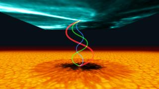 Artist’s conception of waves trapped between the surface of a sunspot (lower image, taken with GREGOR/GFPI) and the transition region (upper image, by courtesy of NASA/SDO and AIA). Credit: Gabriel Pérez Díaz, SMM (IAC).